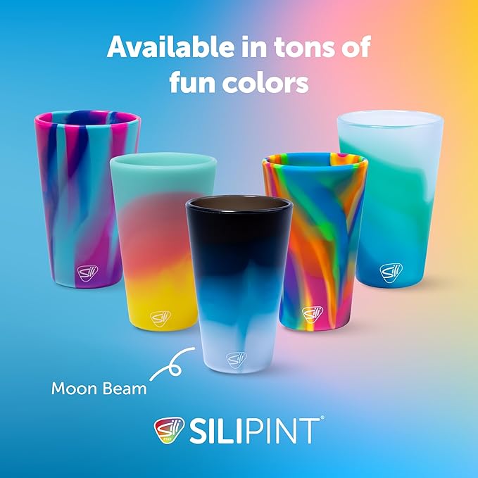 Silipint 16oz Silicone Pint Glass – Unbreakable BPA-Free Reusable Silicone Drinking Cup – Flexible Dishwasher Microwave & Freezer Safe – Stemless Glass for Water Coffee Smoothies, Pack of 4