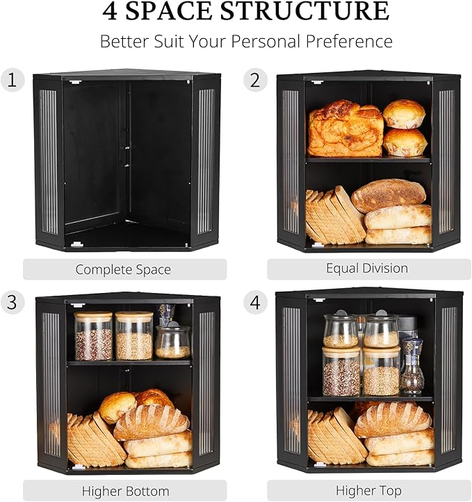 BRONYPRO Double Layer Corner Bread Box for Kitchen Counter with Height-adjustable Partition, Large Black Bamboo Wooden Bread Box for Multiple Loaves, Modern Breadbox for Kitchen Countertop