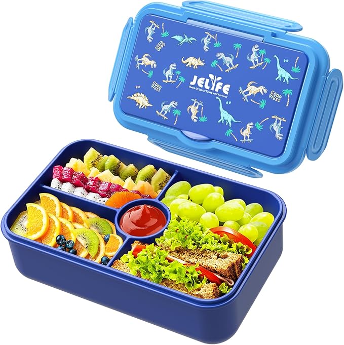 Jelife Bento Lunch Box - Kids Prints Leakproof 4 Compartments Large Bento-Style Bento Box Toddler Lunchbox Containers with Tableware Back to School, Reusable On-the-Go Meal and Snack Packing, Dianosar