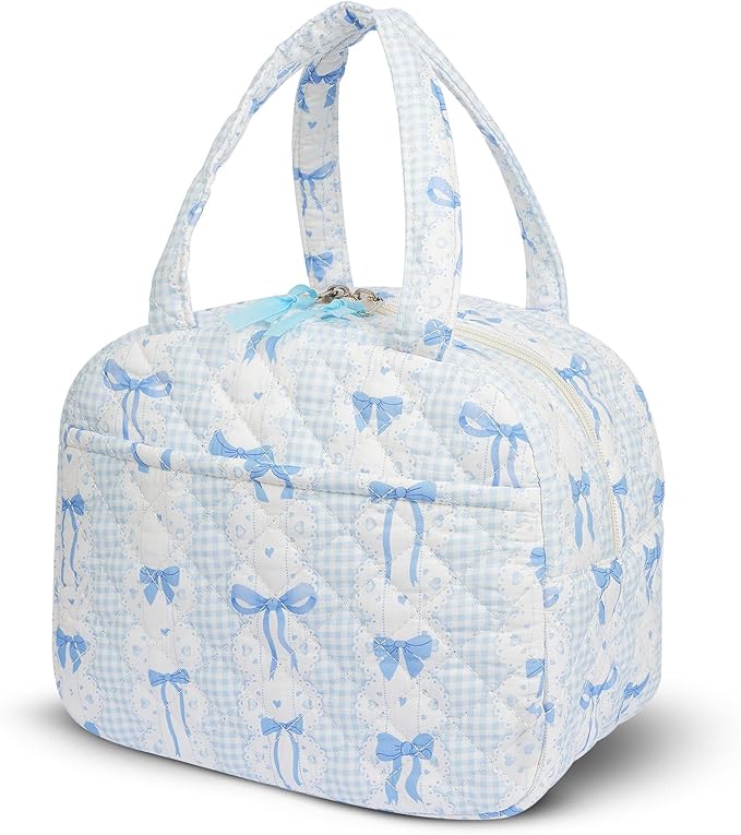 Quilted Lunch Box for Women,Lunch Box for Teen Girls,Cute Blue Bow Lunch Bags for Work, School,Office,Picnic,Travel (Blue Bow)