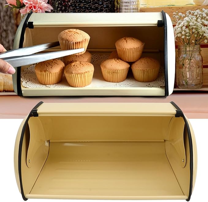 Topyond Vintage Bread Box, Metal Bread Box for Kitchen Countertop, Rustic Bread Holder with Roll Top Lid, Farmhouse Bread Storage Bin, Stainless Steel Breadbox for Homemade Bread