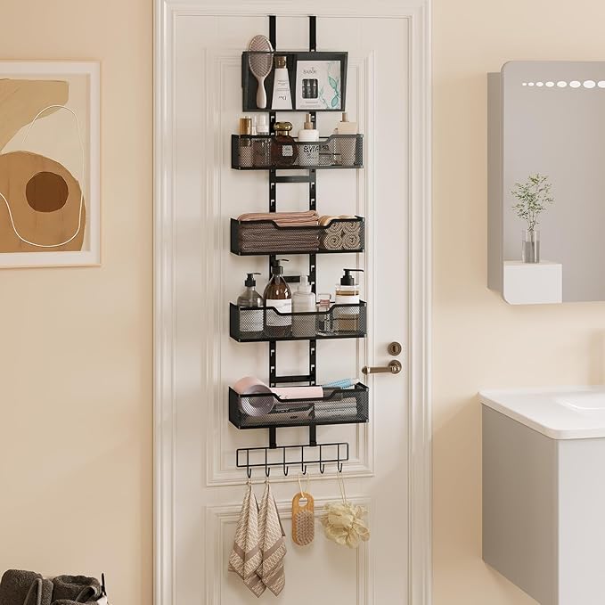 Adjustable Over the Door Pantry Organizer, 5-Tier Metal Pantry Door Organization and Storage, Hanging Door Spice Rack for Home Office Laundry Room Bathroom & Kitchen
