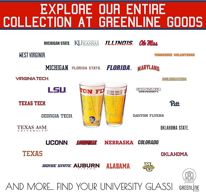 Greenline Goods – University of Dayton Flyers College Pint Beer Glasses (Set of 2), 16 oz – Full-Color Logo + Campus Map