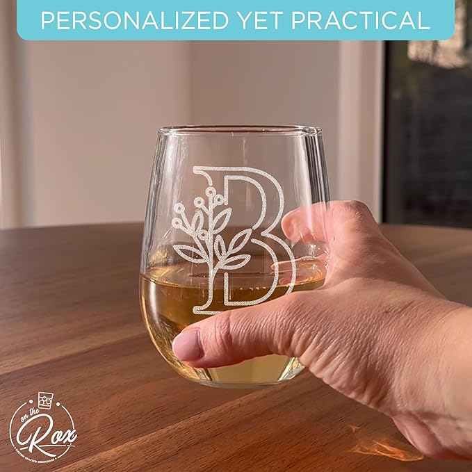 On The Rox Drinks Monogrammed Gifts For Women and Men - Letter A-Z Initial Engraved Monogram Stemless Wine Glass - 17 Oz Personalized Wine Gifts For Women and Men (B)