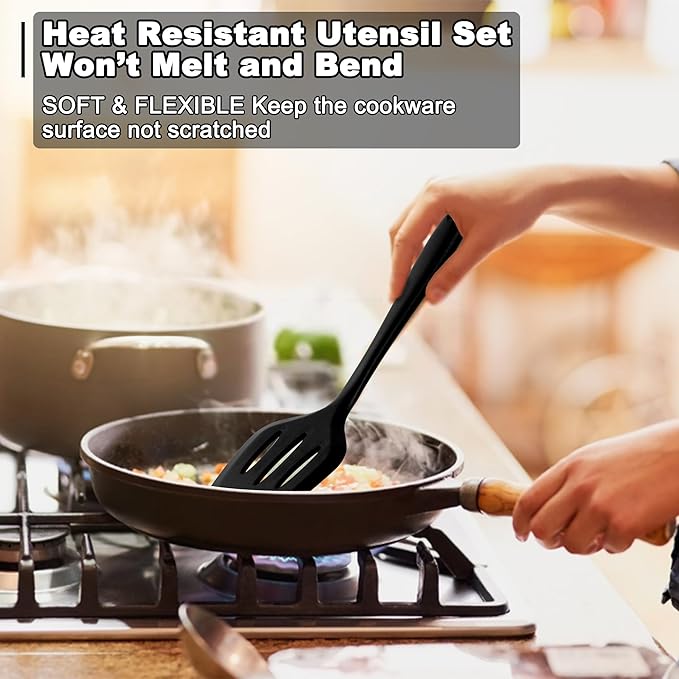 E-far Silicone Cooking Utensils Set, 24Pcs Heat Resistant Kitchen Utensil with Holder, Silicone Kitchen Tools with Spatula Turner Spoon Tongs Whisk, Non-Toxic & Dishwasher Safe (Black)