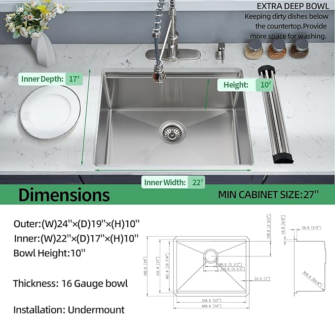 Undermount Kitchen Sink, 24 x 19 Inch Sink Kitchen 16 Gauge Stainless Steel Kitchen Sinks Single Bowl Workstation Sink with Cutting Board