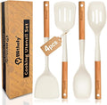 Large Silicone Kitchen Utensils Set, 4 PCS Cooking Utensils Set with Wooden Handle, Heat Resistant Silicone Utensils Kit for Cooking, BPA Free and Nonstick Spatula Set with Turner Spoon Ladle(White)