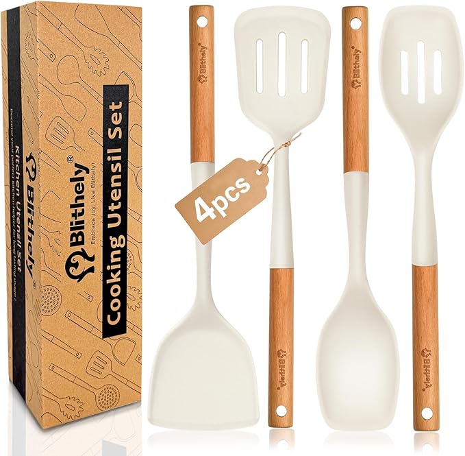 Large Silicone Kitchen Utensils Set, 4 PCS Cooking Utensils Set with Wooden Handle, Heat Resistant Silicone Utensils Kit for Cooking, BPA Free and Nonstick Spatula Set with Turner Spoon Ladle(White)