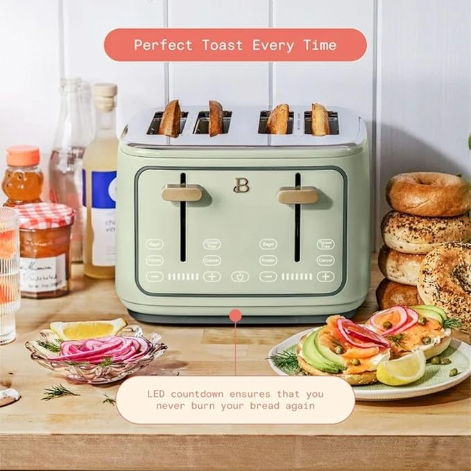 Beautiful 4 Slices Toaster - 7 Shade Settings, Touch Display, Extra-Wide Slots for Bagels, Gluten-Free & Frozen Presets, LED Countdown, Removable Crumb Tray, 1800-watt toasting (Sage Green)