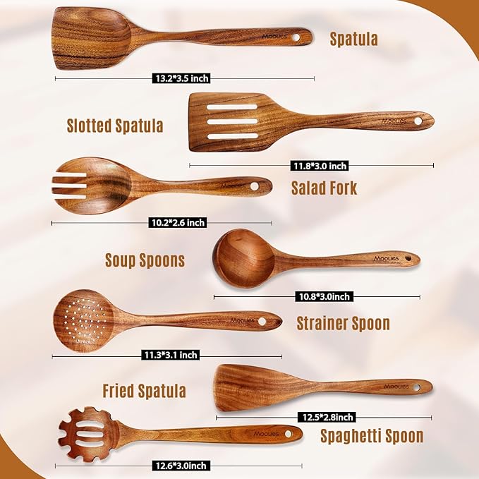 Wooden Spoons for Cooking, 7 Pcs Wooden Utensils for Cooking Natural Teak Wooden Kitchen Utensils Set
