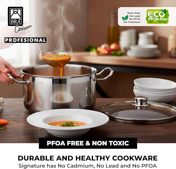BRA COOKWARE Profesional 18/10 Stainless Steel Stock Pot w/Glass Lid | 8 Inch 2.4 Quart Professional Cooking Pot | 5.5mm Thick Base | PFOA Free Deep Pot | All Cooktops | All Cooktops & Oven Safe