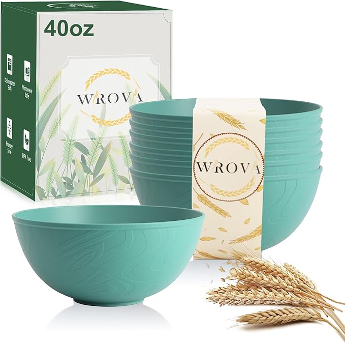 Wrova Wheat Straw Bowls for Kitchen set of 6,Anti-Scald Thick Soup Bowls 40oz,Microwave and Dishwasher Safe Bowl set easy to clean. Green