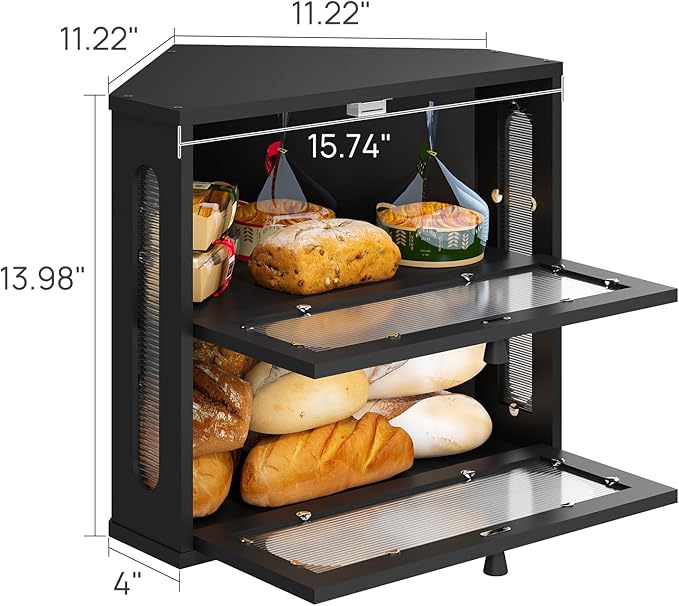 Corner Bread Box for Kitchen Countertop, 2 Tier Black Corner Bread Box, Bamboo Wood Large Capacity Bread Storage Bin with Acrylic Wavy Door Panel