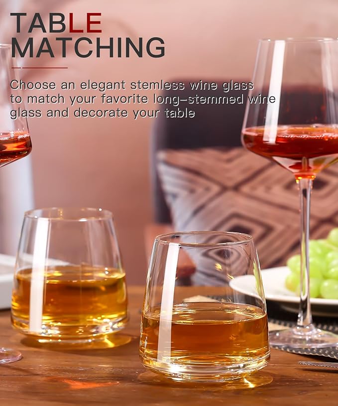 Stemless Wine Glasses Set of 6-15oz【Hand-Blown】 Durable Red White Wine Glasses,Unique Crystal Gifts for Him/Her for Wedding, Birthday，Engagement,Christmas