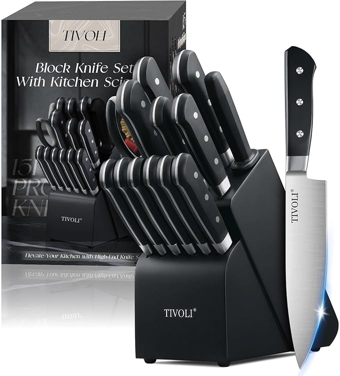 TIVOLI Knife Block Set, 15 PCS Kitchen Knife Set with Block & Sharpener Steel & Kitchen Scissor, High Carbon Stainless Steel Cutlery Knife Set, Ergonomic Wood Handle, Gifts For Cooks, Black