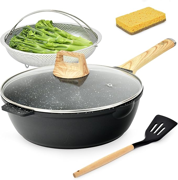 12 In Deep Frying Pan Nonstick with Lid and Strainer, 5.5 Quart Saute Pan, Granite Chef Skillet No stick for Cooking, 100% PFOA Free Non Toxic Fry Pan for All Stove top Gas Induction