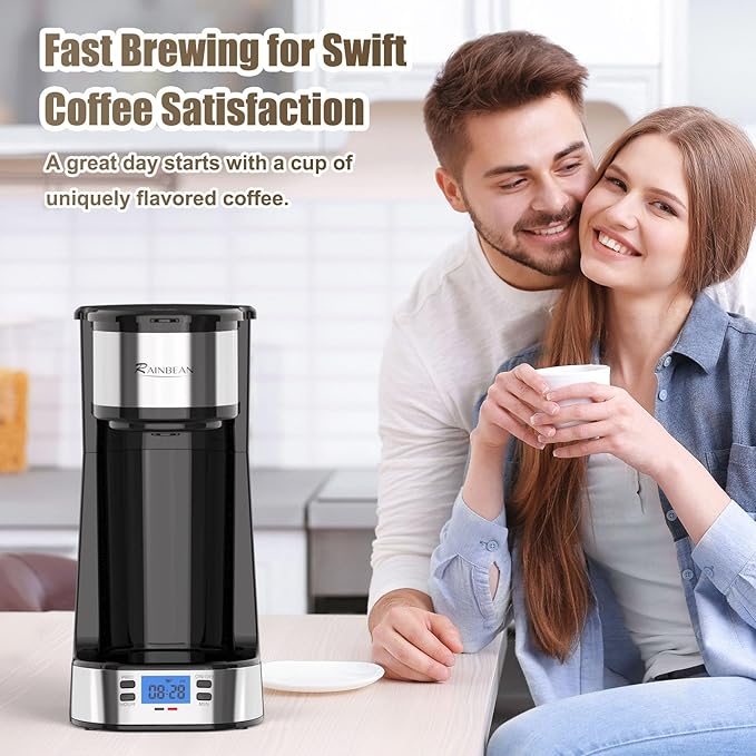 RAINBEAN Single Serve Coffee Maker, Programable Single-Serve Brewers, Timer Auto Start/Off, 14 Oz Single Cup Coffee Machine For Ground Coffee, 700W Quick Brewing, Perfect Gifts for Coffee Lovers