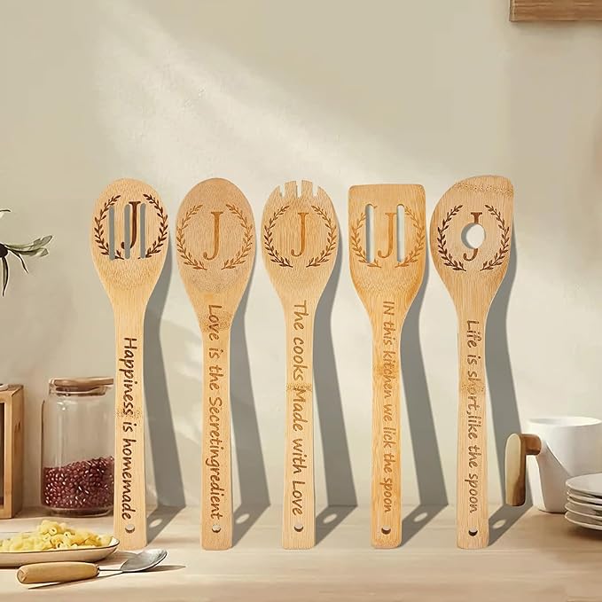 5PCS Initial Wooden Cooking Spoons Initial Letter Kitchen Decor Gifts Personalized Monogrammed Birthday Gifts for Women Mom Friend Housewarming Wedding Bamboo Cooking Spoons