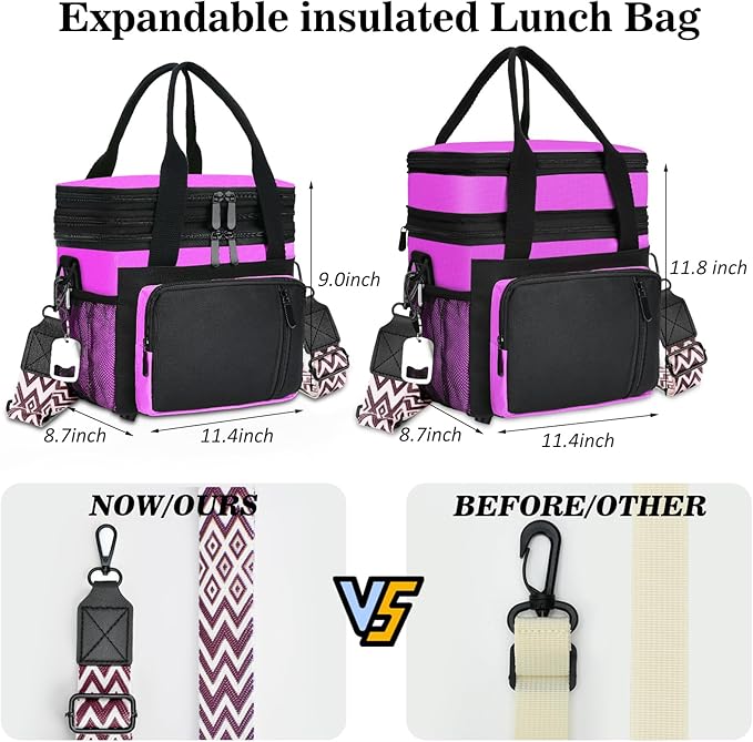LOKASS Lunch Box for Women/Men-16L-Insulated Lunch Bag, Expandable Double-layer Leakproof Cooler Bag with Upgrade Adjustable Shoulder Strap Ideal for Work/Travel/Picnics（Hot Pink）