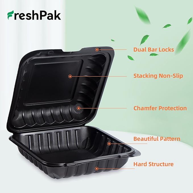 Takeout Containers Mineral Filled PP - 55 Pack 8x8 34 oz Shrink Wrap BPA Free Plastic | Stackable Meal Prep Clamshell Food Container | Reusable Microwave Safe Leftovers | Catering Lunch Box