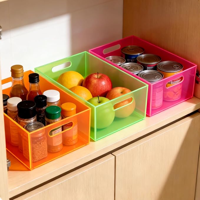 Large Storage Bin Acrylic Pantry Storage Container with Handles Kitchen Organizer Bin for Cabinet Cupboard Organization, Heavy Duty, 15.4 x 11.4 x 5.5'', Neon Pink
