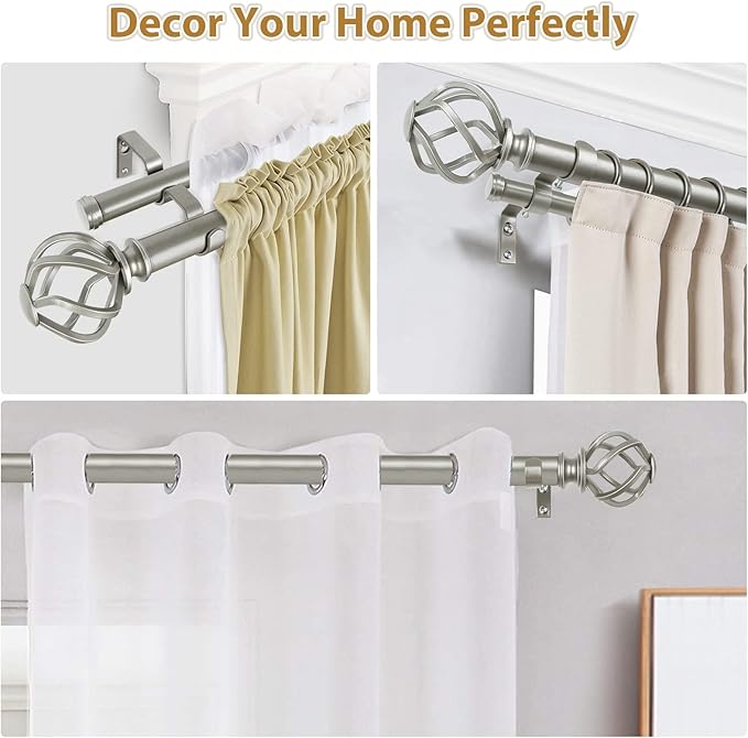 KAMANINA 1 Inch Double Curtain Rod 72 to 144 Inches (6-12 Feet), Antique Silver Heavy Duty Curtain Rods for Windows 66 to 120, Telescoping Drapery Rods with Twisted Cage Finials