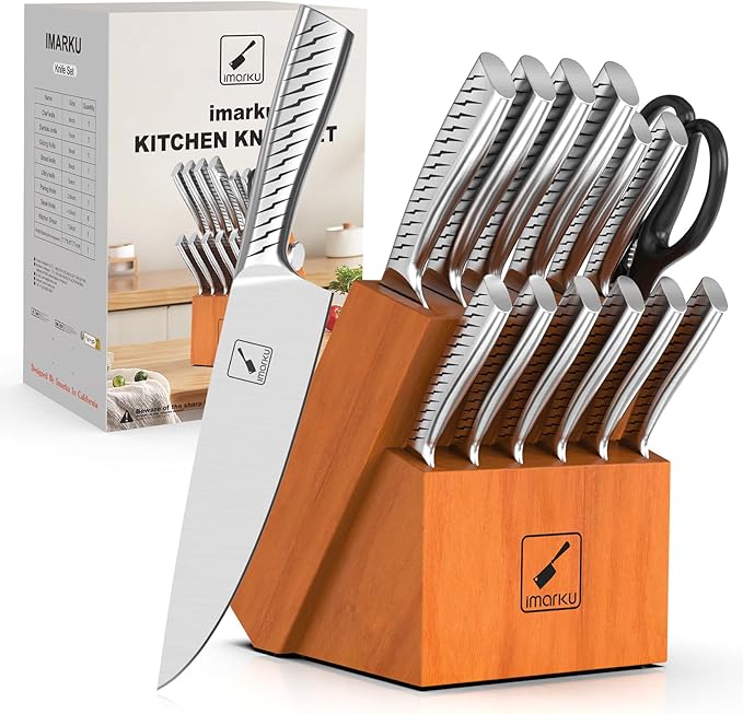 imarku 14-Piece Knife Set with Block, High Carbon Stainless Steel Kitchen Knives with Built-in Sharpener, Dishwasher Safe, Ergonomic Non-Slip Handle, Perfect for Home Cooks & Chefs, Brown