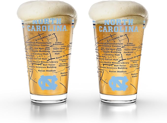Greenline Goods – North Carolina College Pint Beer Glasses (Set of 2), 16 oz – Full‑Color Logo + Campus Map