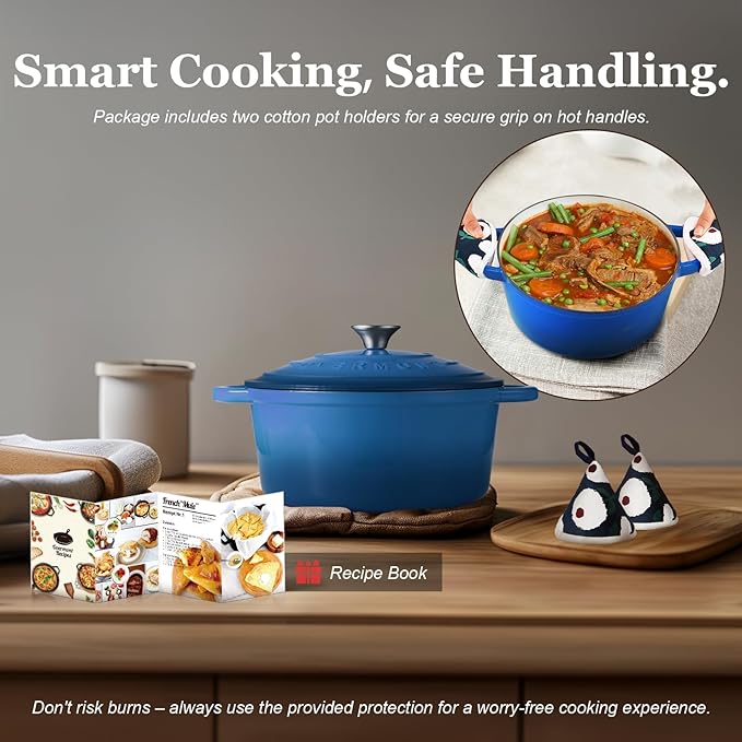 Overmont Enameled Cast Iron Dutch Oven - 5.5QT Pot with Lid Cookbook & Cotton Potholders - Heavy-Duty Cookware for Braising, Stews, Roasting, Bread Baking blue