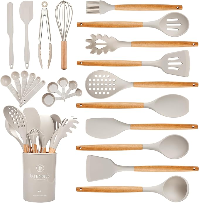 Kitchen Utensils Set with Wooden Handle, 26 Pieces Heat Resistance Silicone Cooking Utensils Set with Holder, Food Grade Non-Stick Silicone Spatula, Kitchen Set for Cooking (Khaki)