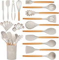 Kitchen Utensils Set with Wooden Handle, 26 Pieces Heat Resistance Silicone Cooking Utensils Set with Holder, Food Grade Non-Stick Silicone Spatula, Kitchen Set for Cooking (Khaki)