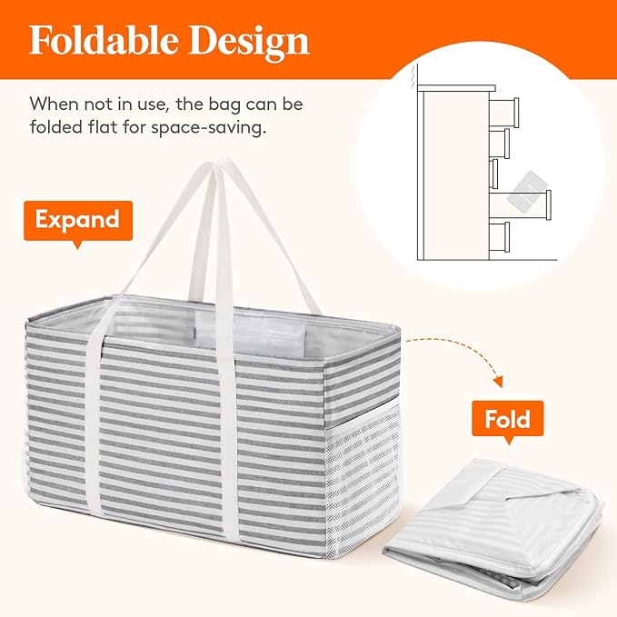 Lifewit Extra Large Tote Bag, Reusable Grocery Bags with Metal Wire Frame and Handles, Standing Utility Foldable Shopping Bags for Storage, Picnics, Beach, Pool, Laundry, Car, Camping 2 Packs 46L Grey