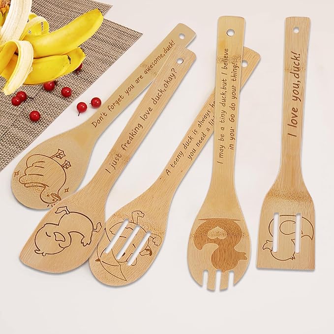 5PCS Duck Wooden Cooking Spoons Set Duck Gifts for Women Kitchen Decor Bamboo Cooking Utensil Spoons for Housewarming Wedding Anniversary Thanksgiving Christmas Gifts Mom Women