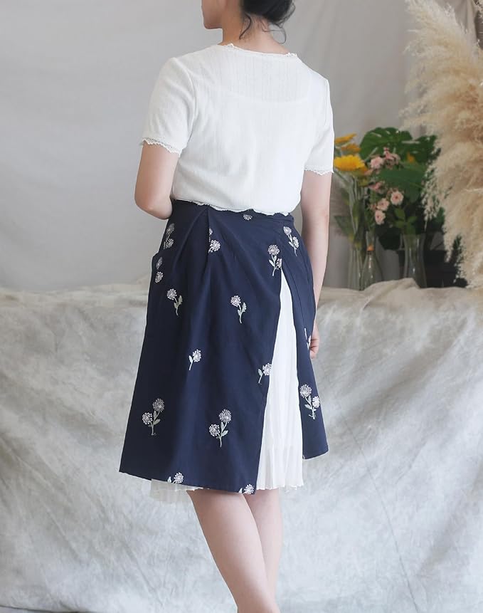 Cotton Long Bistro Half Apron for Woman, Big Pockets, Embroidered Flower, Extra Long Waist Ties, Cook Chore Waitress