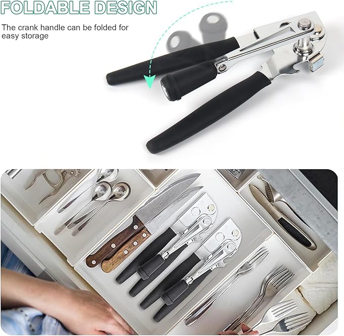 Manual Can Opener with Folding Crank Handle, Commercial Heavy Duty Hand Held Can Openers with Magnet, for Seniors with Comfortable Long Rubber Handle