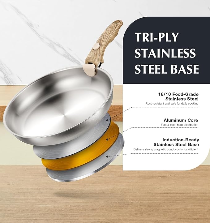 KOCH SYSTEME CS Stainless Steel Frying Pan Set, 18/10 Stainless Steel Pan Set with Stylish Removable Handles, Tri-Ply Steel Base, Save 75% Space, Induction Compatible Skillets, 8" & 9.5" & 11"