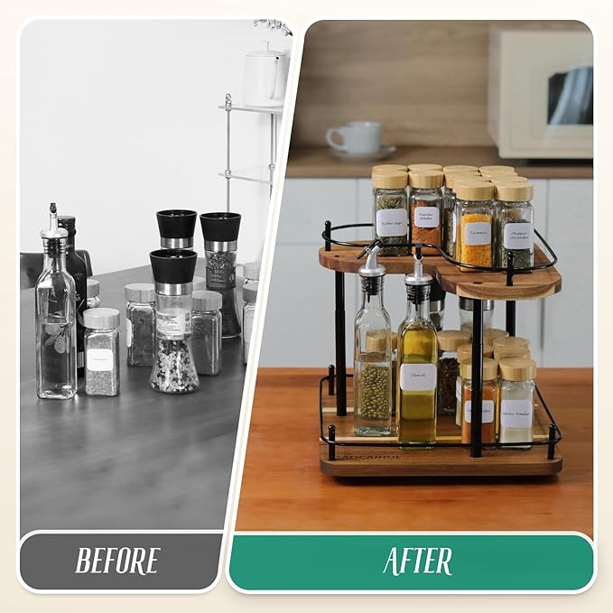 Acacia Wooden Spice Rack Organizer Lazy Susans Rotating Countertop 2 Tiered Display Shelf Kitchen Adjustable Height Spinning Spice Rack 11.8INCH Large Capacity