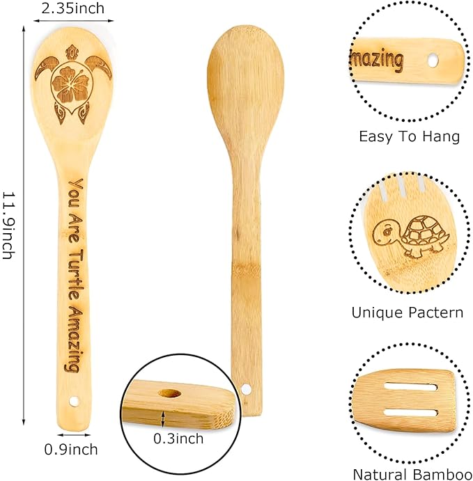 5PCS Turtle Wooden Cooking Spoons Set Turtle Gifts Turtle Kitchen Decor Bamboo Cooking Utensil Spoons Turtle Gifts for Women Kitchen Housewarming Wedding