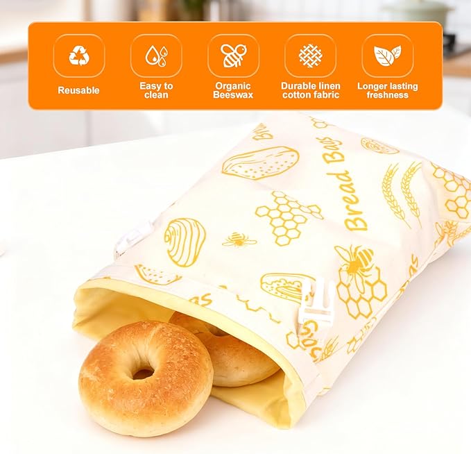 Bees Wax Bread Bags for Homemade Sourdough - 2 Pack XL Reusable 100% Organic Cotton Linen Bread Bags Keep Bread Fresh for Weeks, Homesteading Essentials Sourdough Bags