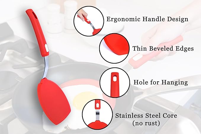 Wide Silicone Pancake Spatula – Large Heat-Resistant Turner for Cooking | Nonstick Safe | Stainless-Steel Reinforced Core & Easy-Grip Handle