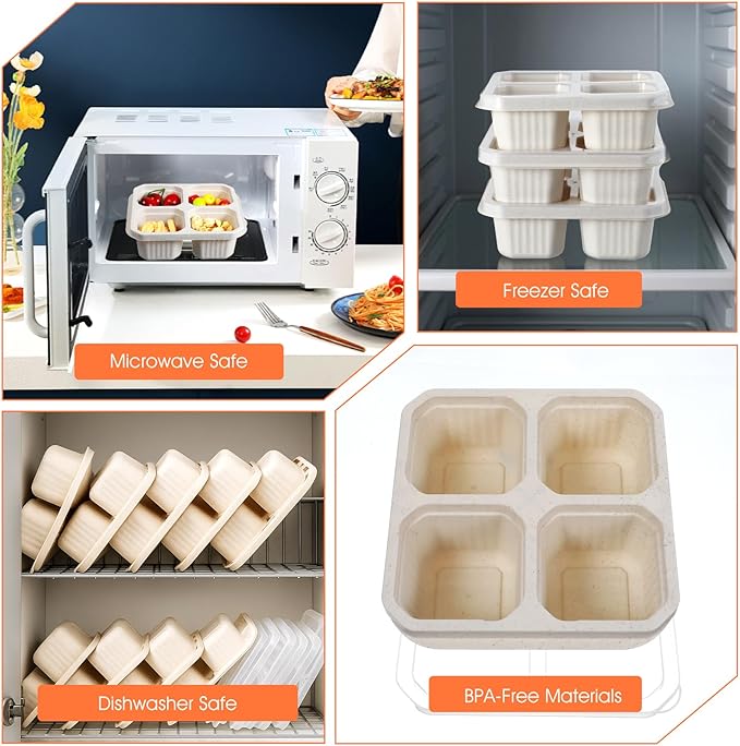 12 Pcs Reusable Bento Lunch Boxes 4 Compartment Snack Containers with Lids Wheat Straw Meal Prep Food Storage for Adults, Travel, Work (Beige)