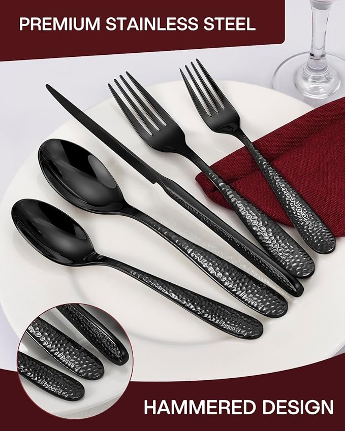 Hammered Black Silverware Set, EUIRIO 30-Piece Cutlery Set for 6, Heavy Duty Stainless Steel Flatware Set, Food-Grade Utensil Sets Includes Spoons Forks and Knives, Mirror Finish Dishwasher Safe