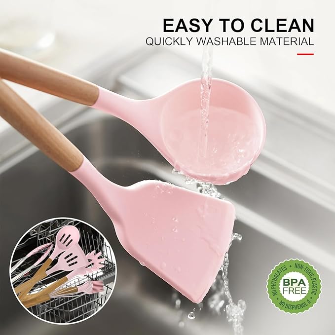 Silicone Cooking Utensils Kitchen Utensil Set - 446°F Heat Resistant Silicone Kitchen Utensils Set, Spatula,Turner Tongs, Spoon, Brush, Whisk,Kitchen Gadgets for Nonstick Cookware, BPA Free (Pink)