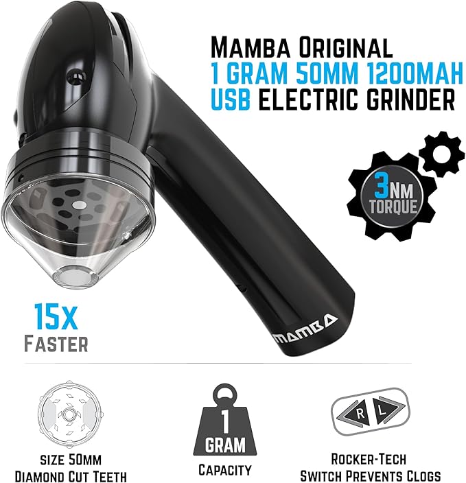 Mamba Original 1g Black USB Electric Herb Grinder. Small Portable Metal Herbal Machine & Spice Mill for the Kitchen