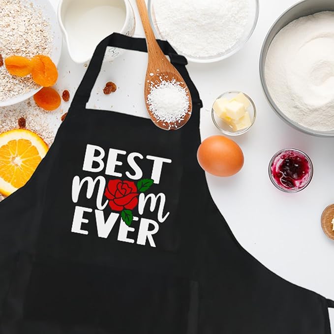 Cooking Aprons for Women with Pockets, Best Mom Ever Apron for Baking Kitchen Chef, Birthday Gifts for Mom Wife