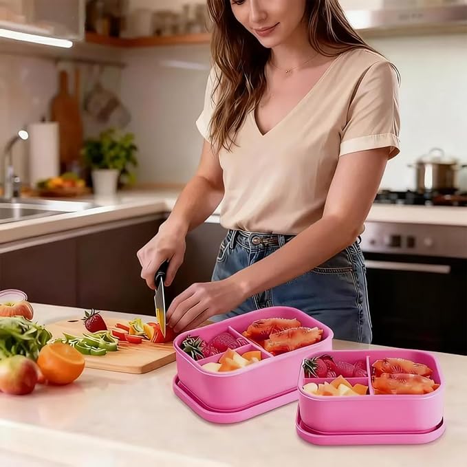 Silicone Adult Bento Box, 3 Compartment Leakproof Silicone Lunch Container, Lunch Box for Men and Women, BPA-Free, Microwave/Dishwasher/Freezer Safe, Reusable Snack Containers (Pink)