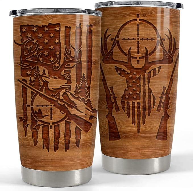 SANDJEST Hunting Tumbler Wood Style American Flag 20oz Tumblers with Lid Gift for Men Dad Best Friends Hunting Lovers Christmas Birthday Fathers Day