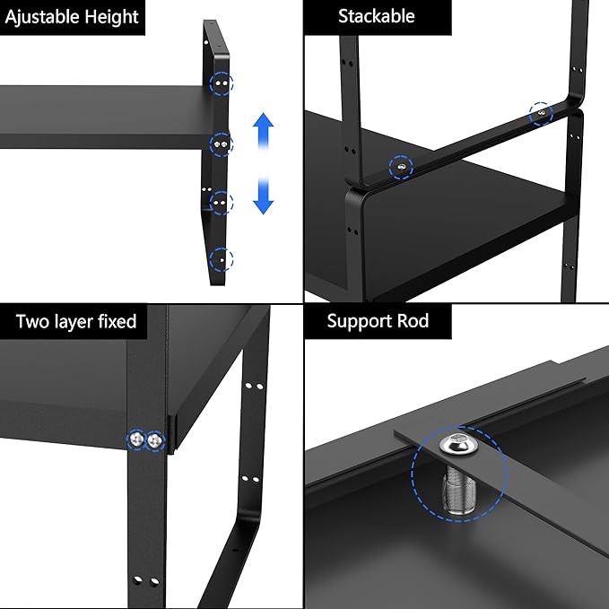 SANNO Expandable Kitchen Shelf Organizers,Adjustable Height Large Stackable Kitchen Cupboard Cabinet, Pantry and Counter Shelf Organizer, Cupboard Stand Spice Rack, Black, 2 Pack