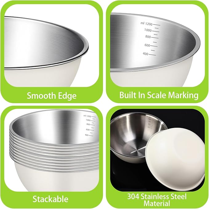 12 Pcs 1.3qt Stainless Steel Mixing Bowls Nesting Metal Prep Salad Bowls with Scale Reusable Baking Cooking Food Soup Storage Organizers for Kitchen Refrigerator