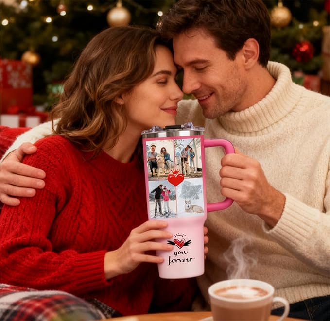 Personalized 40oz Tumbler with Handle, Custom Insulated Tumblers with Pictures Logo, Stainless Steel Travel Coffee Mug, Personalized Gifts for Women Men Birthday Fathers Day Mothers Day (4 PHOTOES)